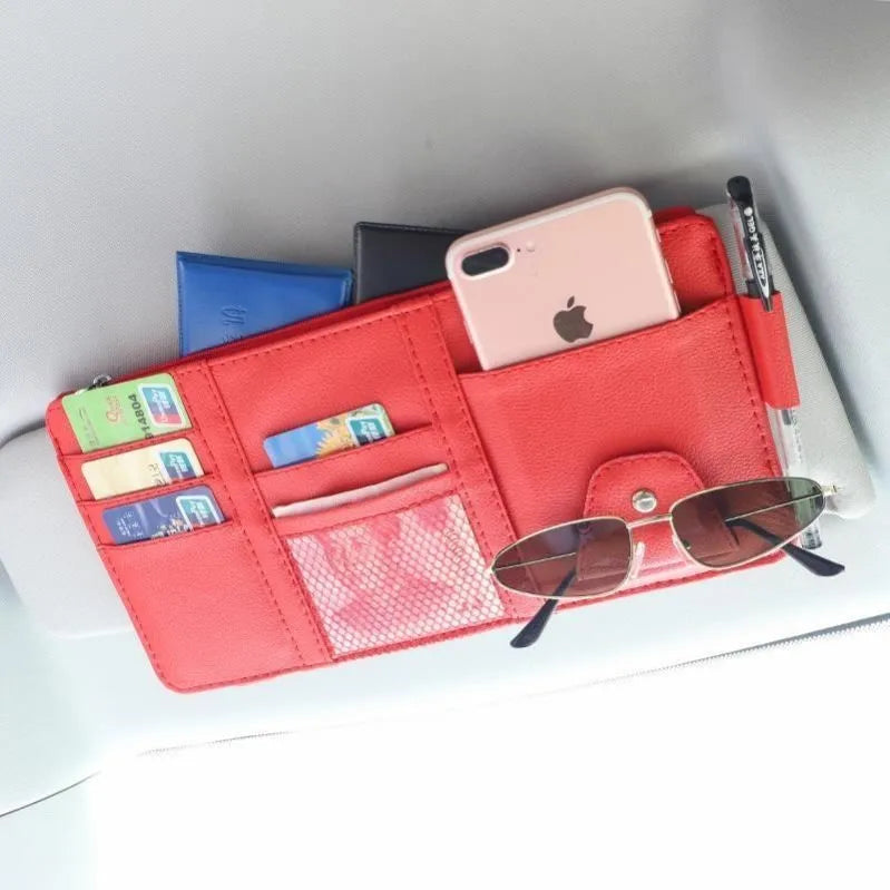 Car sun visor pocket organizer with acrylic plastic construction for storing cards and glasses