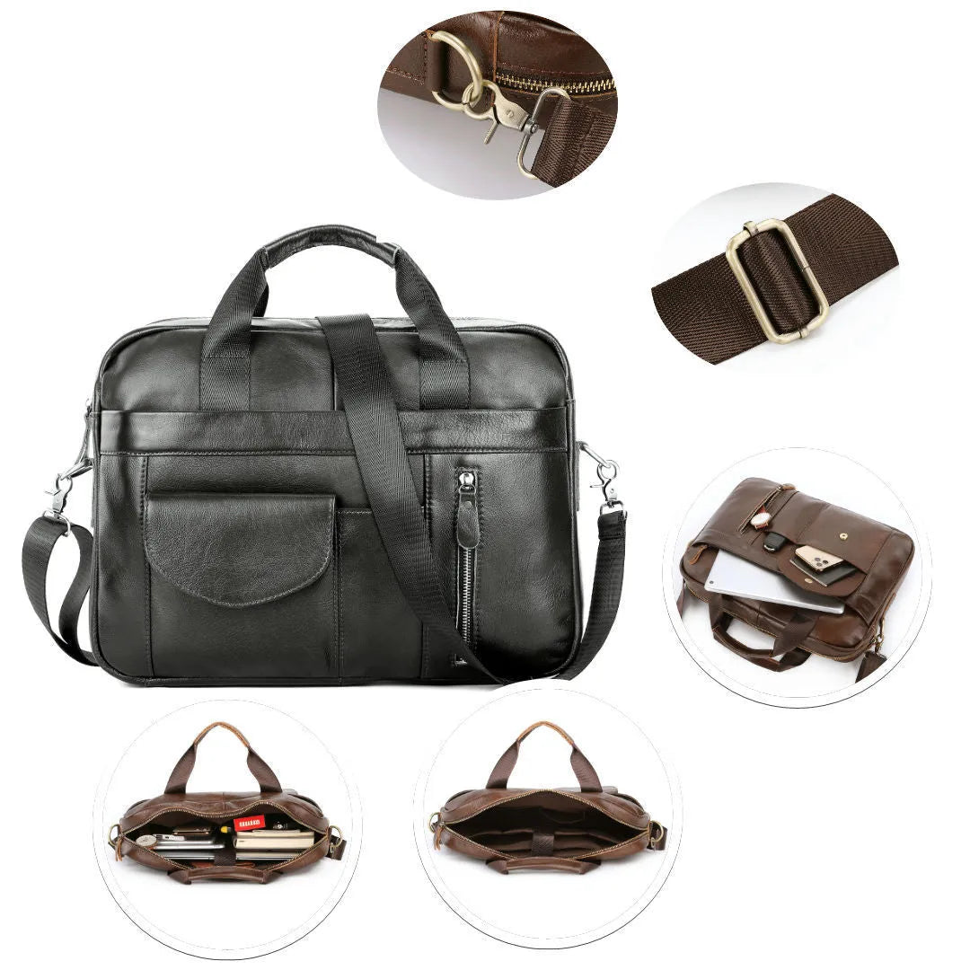 Men's 10-inch first-layer cowhide leather cross-body briefcase, vertical square zip-top bag, black or brown