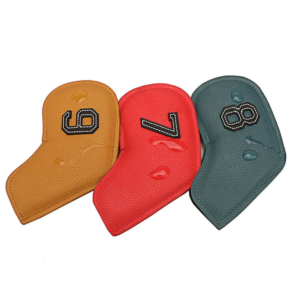 Set of 10 digitally printed PU leather golf club head covers in assorted colours.