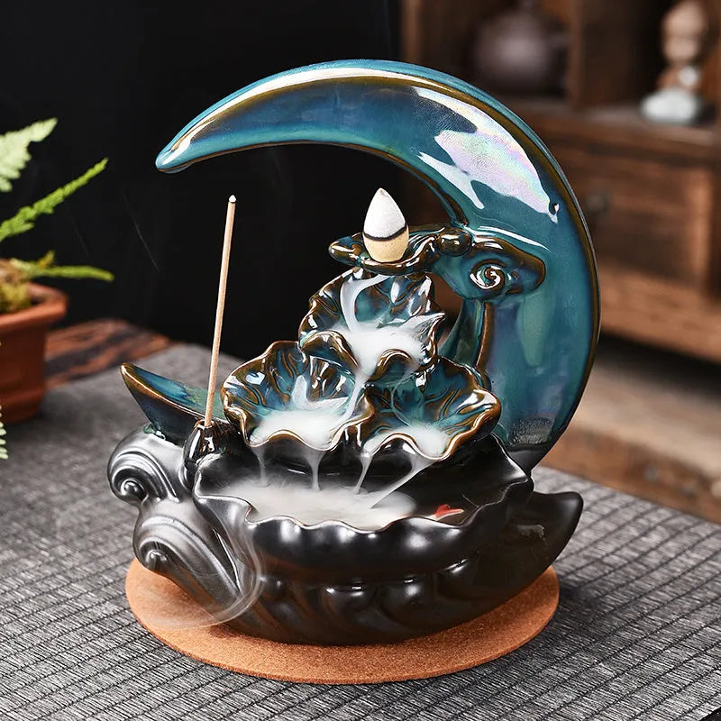 Monochrome glazed porcelain backflow incense burner holder, handmade Chinese abstract ornament for incense, colour A or B