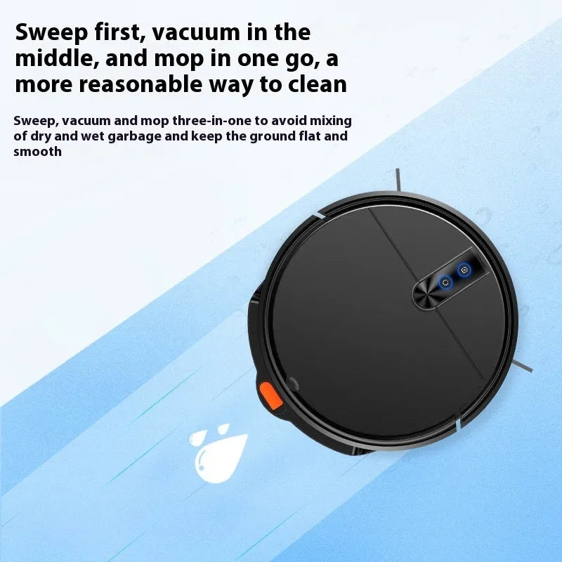 Black or white automatic sweeping robot vacuum cleaner with remote control on hardwood floor.