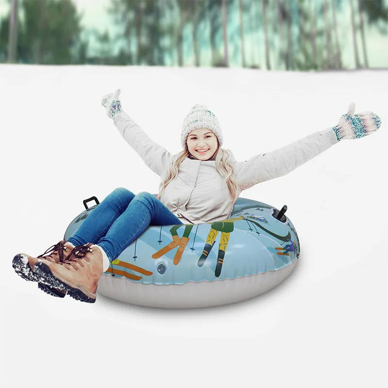 A colourful printed PVC plastic ski ring toy on a winter background.