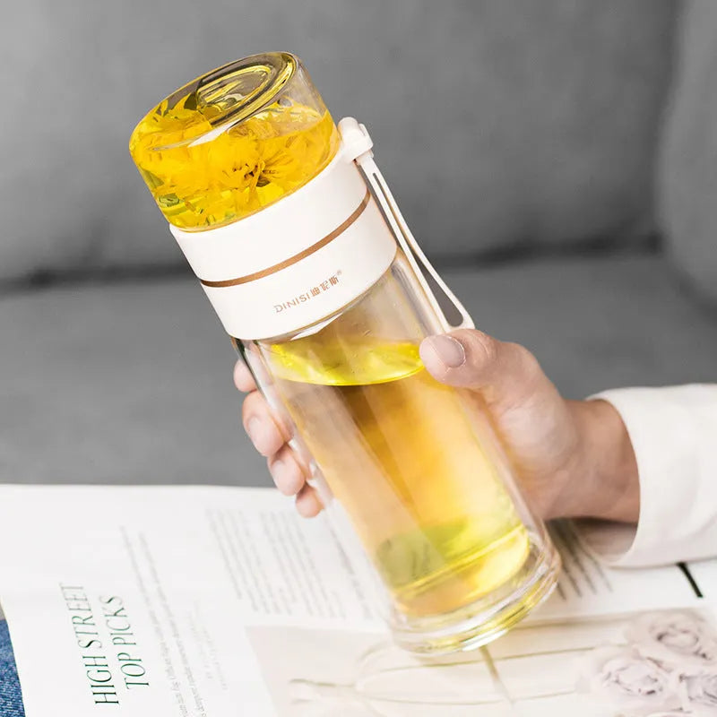 Glass water bottle with tea infuser filter showing double wall construction and portable rope