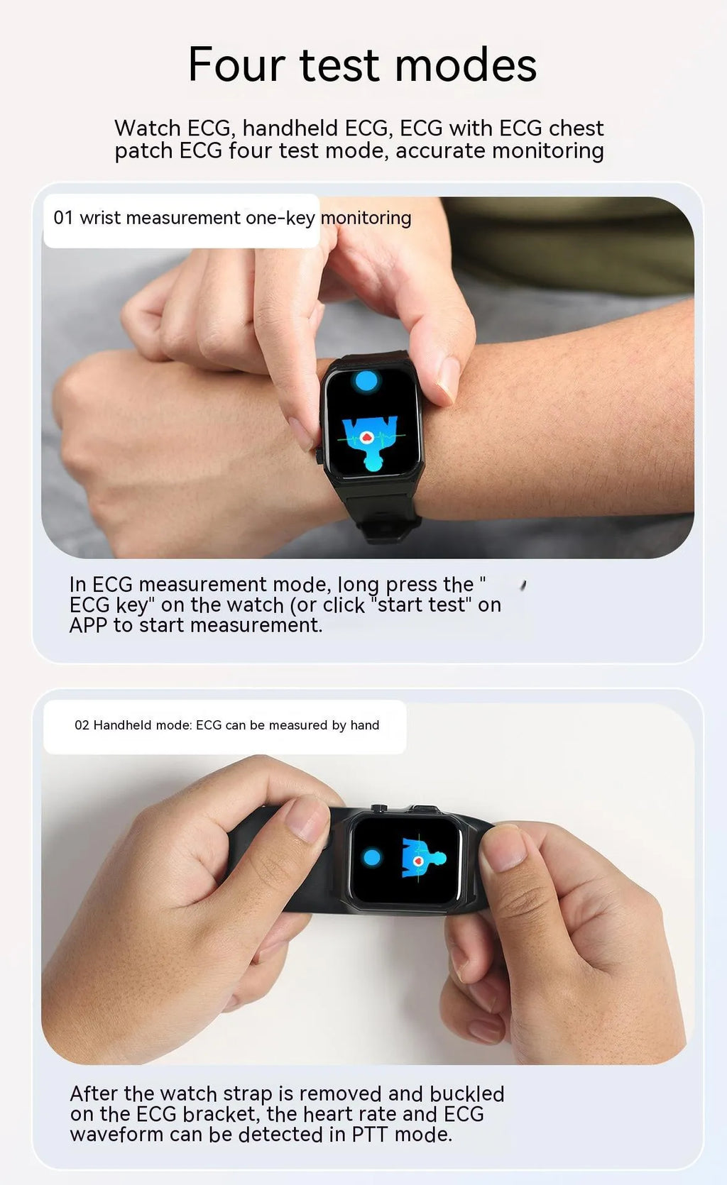 Non-invasive smart watch with IPS screen, touch button, available in black, blue, red and leather colours