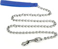 Heavy duty metal dog chain leash with a soft black padded handle.