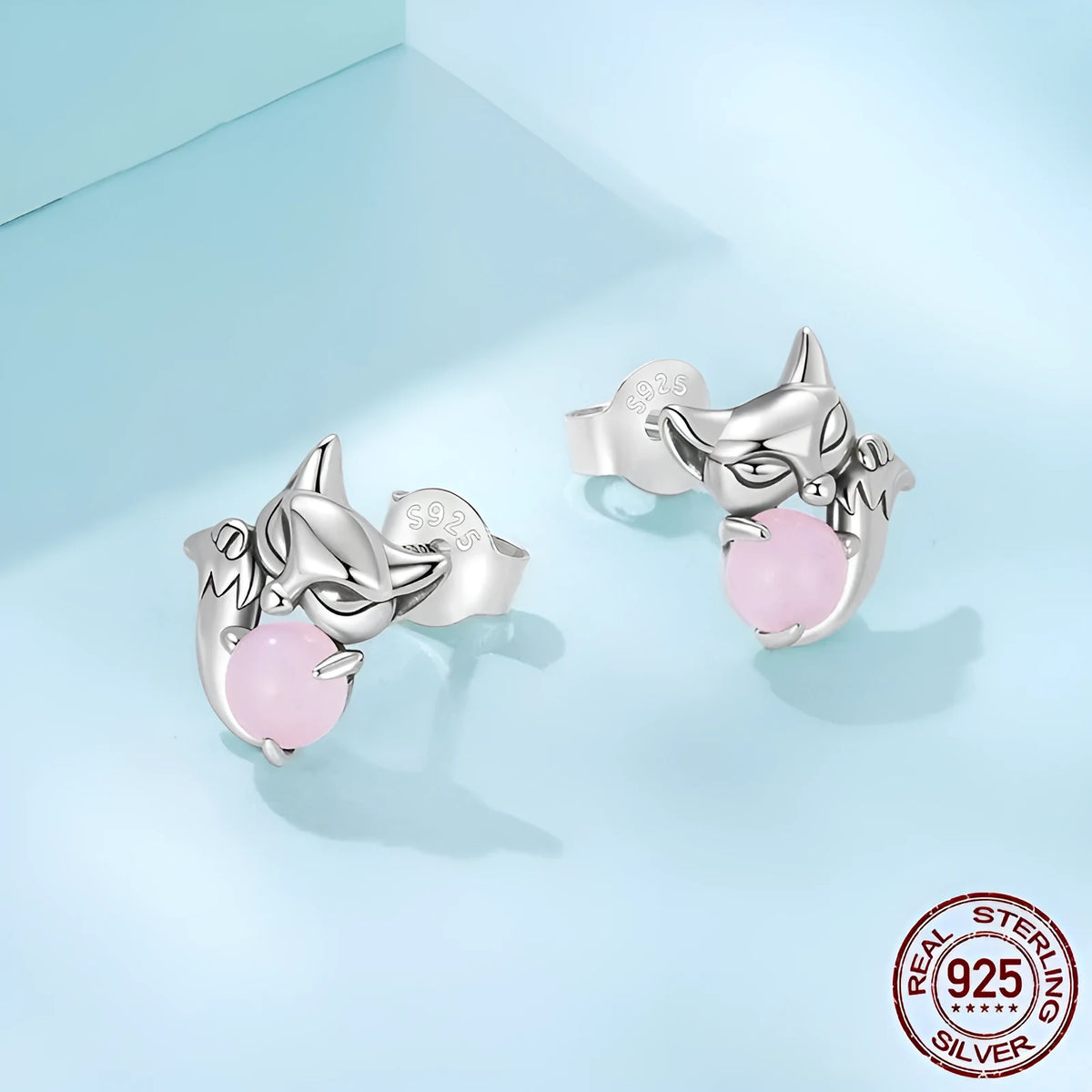 S925 sterling silver fox stud earrings with jade inlay, colour SCE1903, pair for women