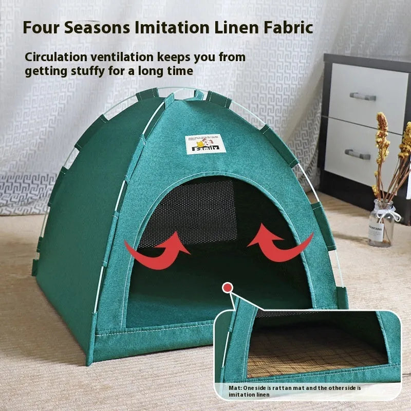 Grey linen-like fabric dog bed tent with removable cover for small medium dogs