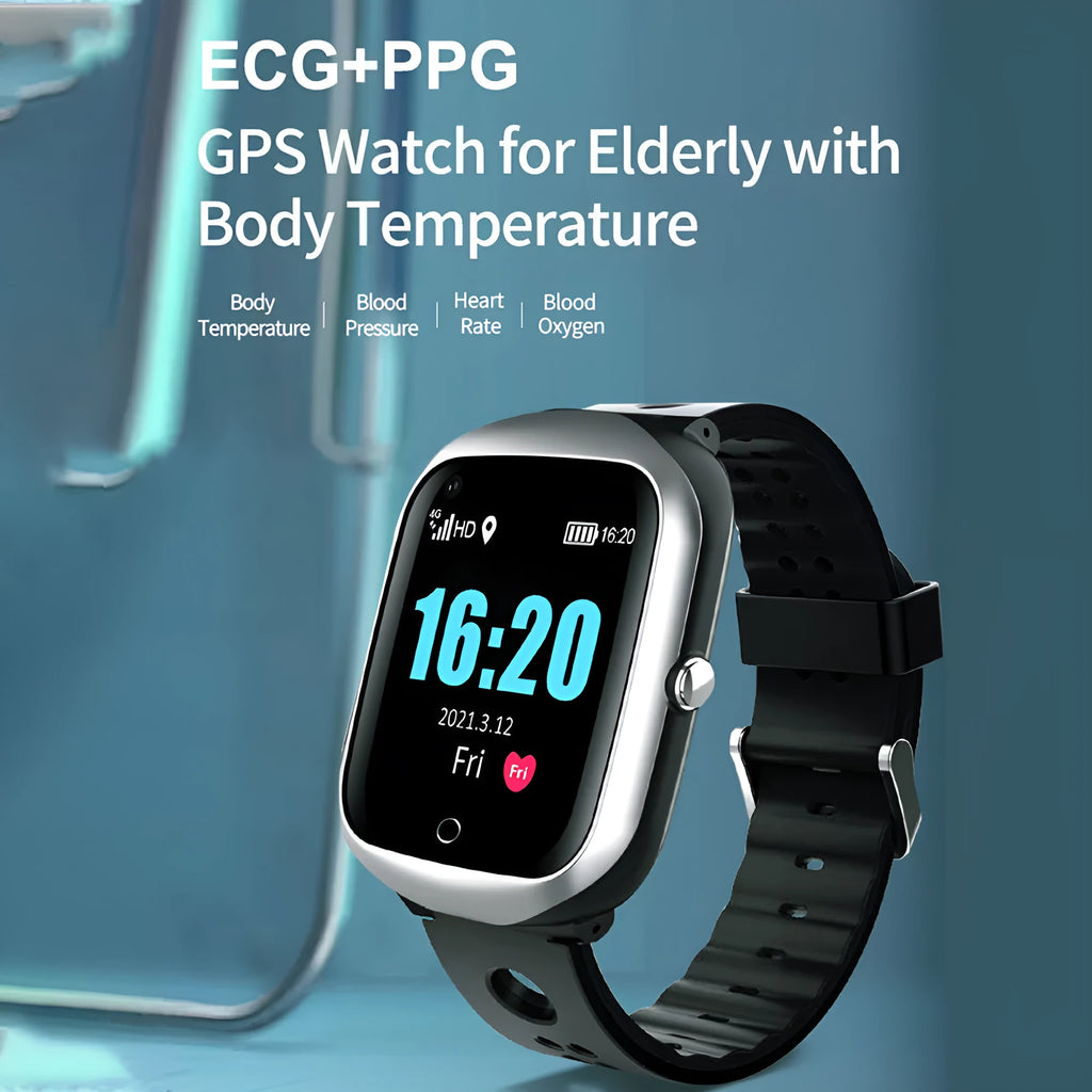 Black elderly GPS smartwatch with square colour screen and a silicone strap, showing an SOS button on the side.