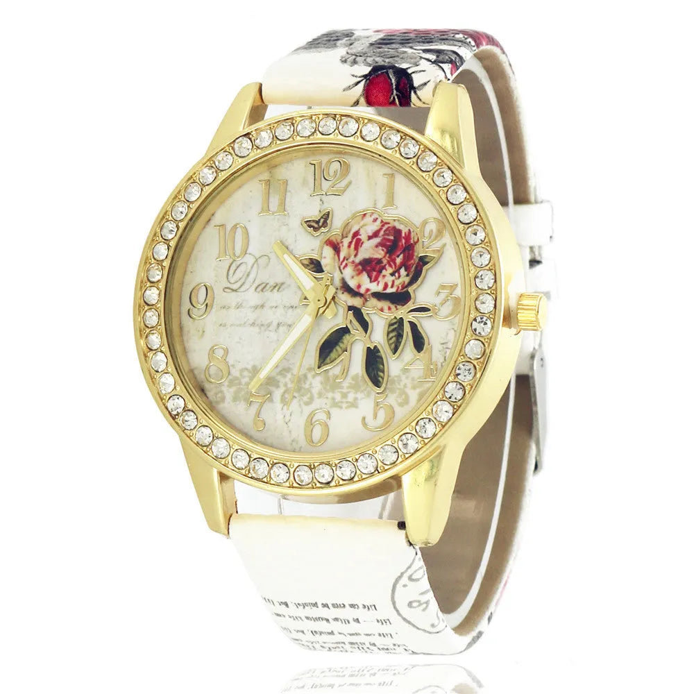 Diamond-inlaid gold case rose pattern fashion quartz watch with 38mm round dial and stainless steel buckle