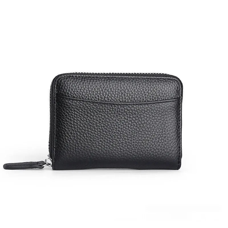 Genuine leather zipper coin purse in solid colour with anti-theft feature and sewing line detail.