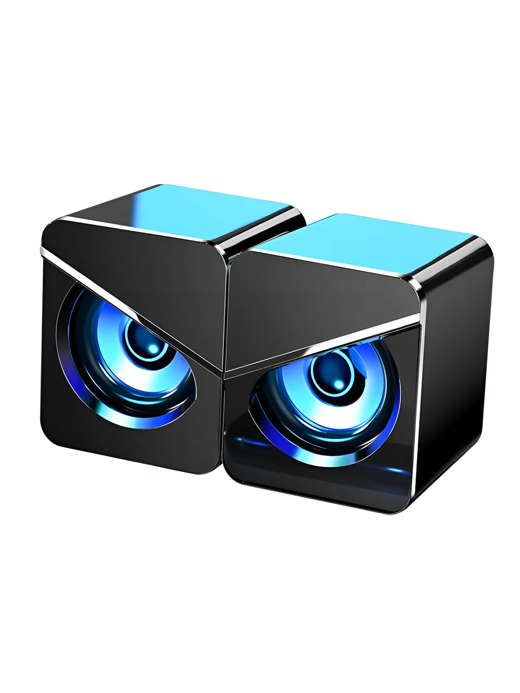 Black and white USB mini desktop stereo speaker showing simple, standard, and upgraded versions