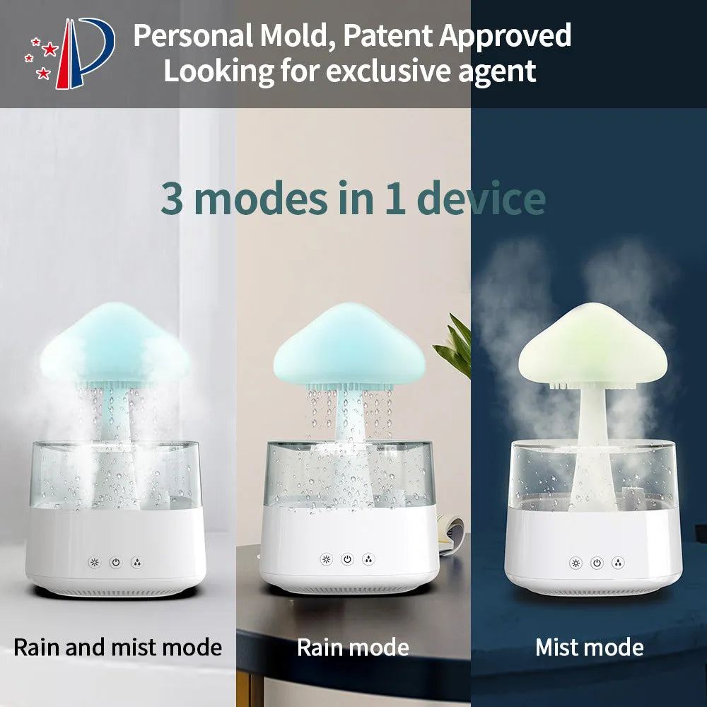 Desk humidifier with raining cloud design, essential oil diffuser, and mushroom lamp night light