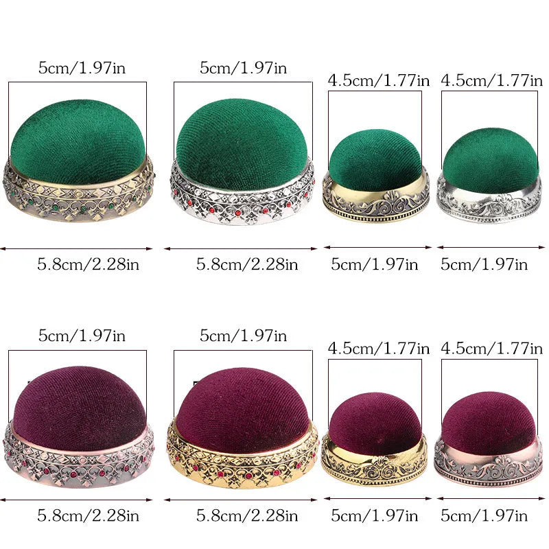 Retro needle ball head pin cushion with alloy pin insert, velvet fabric in red or green, cross stitch sewing accessory.