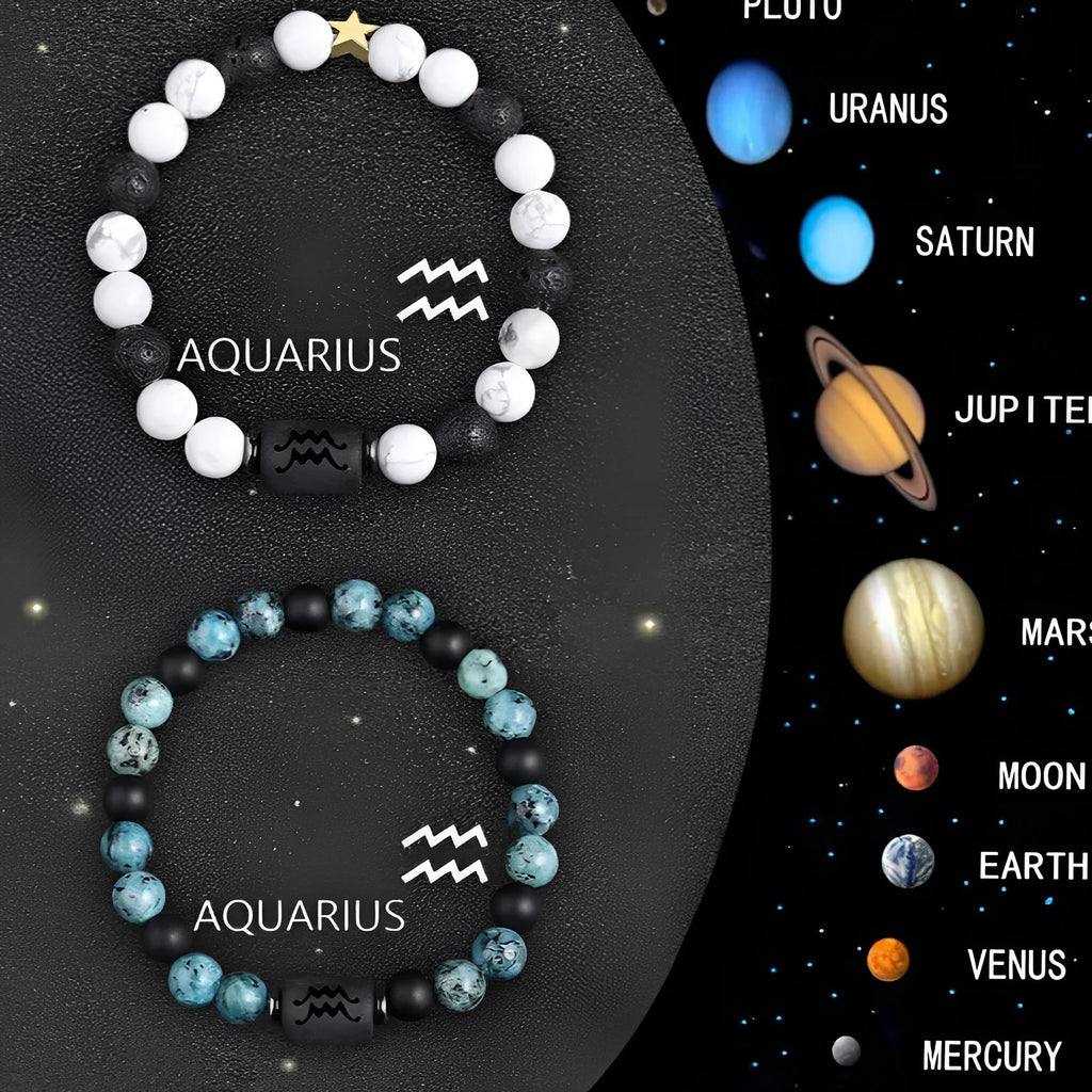 Set of twelve natural stone beaded bracelets for zodiac signs on elasticated string.