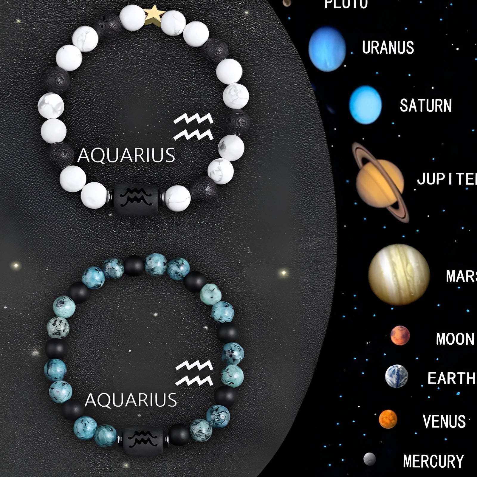 Set of twelve natural stone beaded bracelets for zodiac signs on elasticated string.
