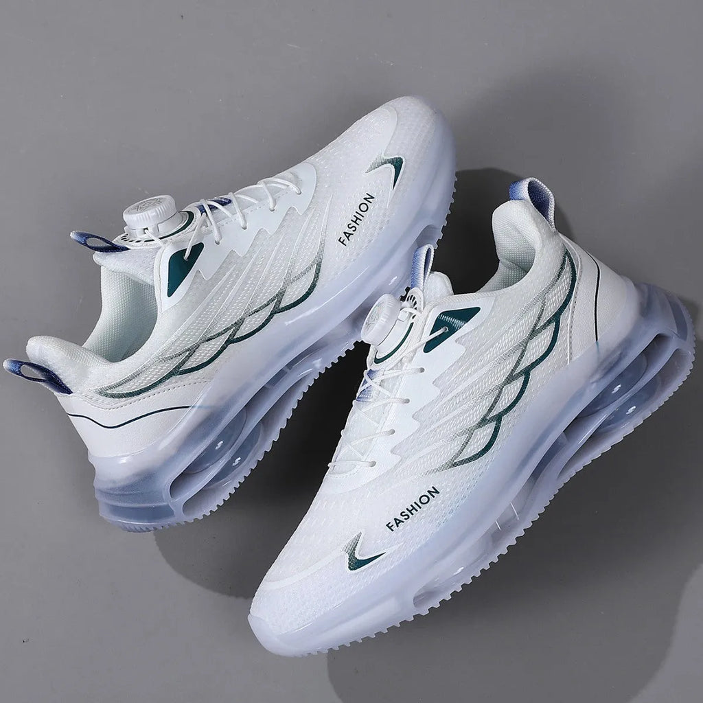 Men's white low-top lace-up casual running shoes with mesh upper and round toe.