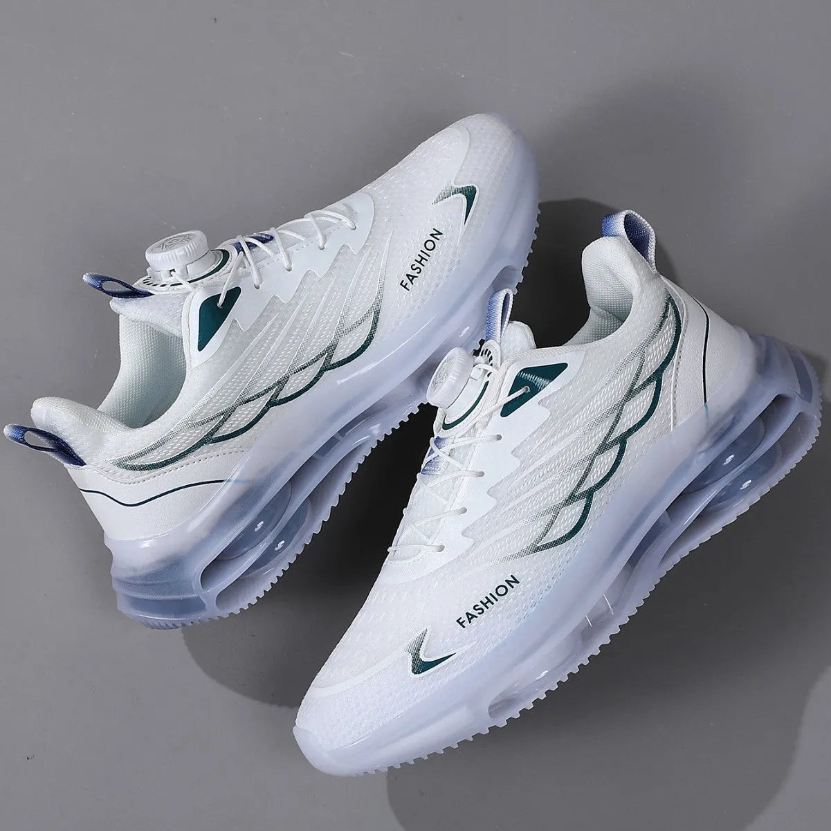 Men's white low-top lace-up casual running shoes with mesh upper and round toe.