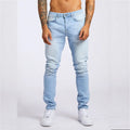 Men's slim fit high waist cotton jeans in light blue or black, sizes 28 to 36