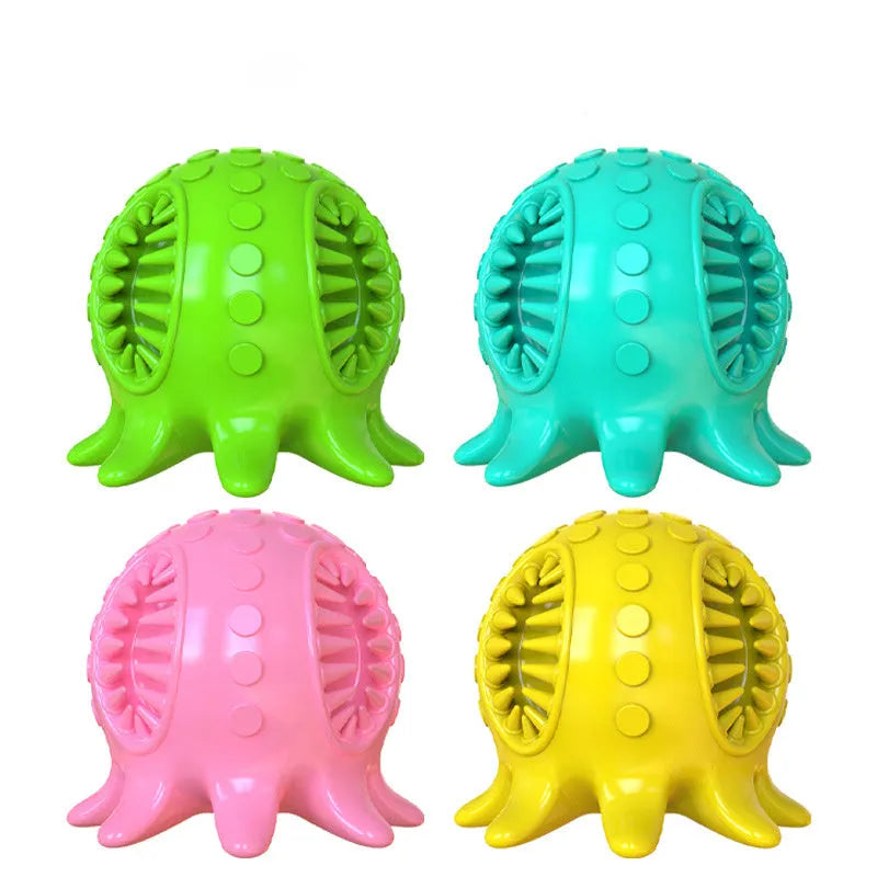 Small octopus dog toothbrush chew toy in blue with sound feature for teeth cleaning and bad breath removal