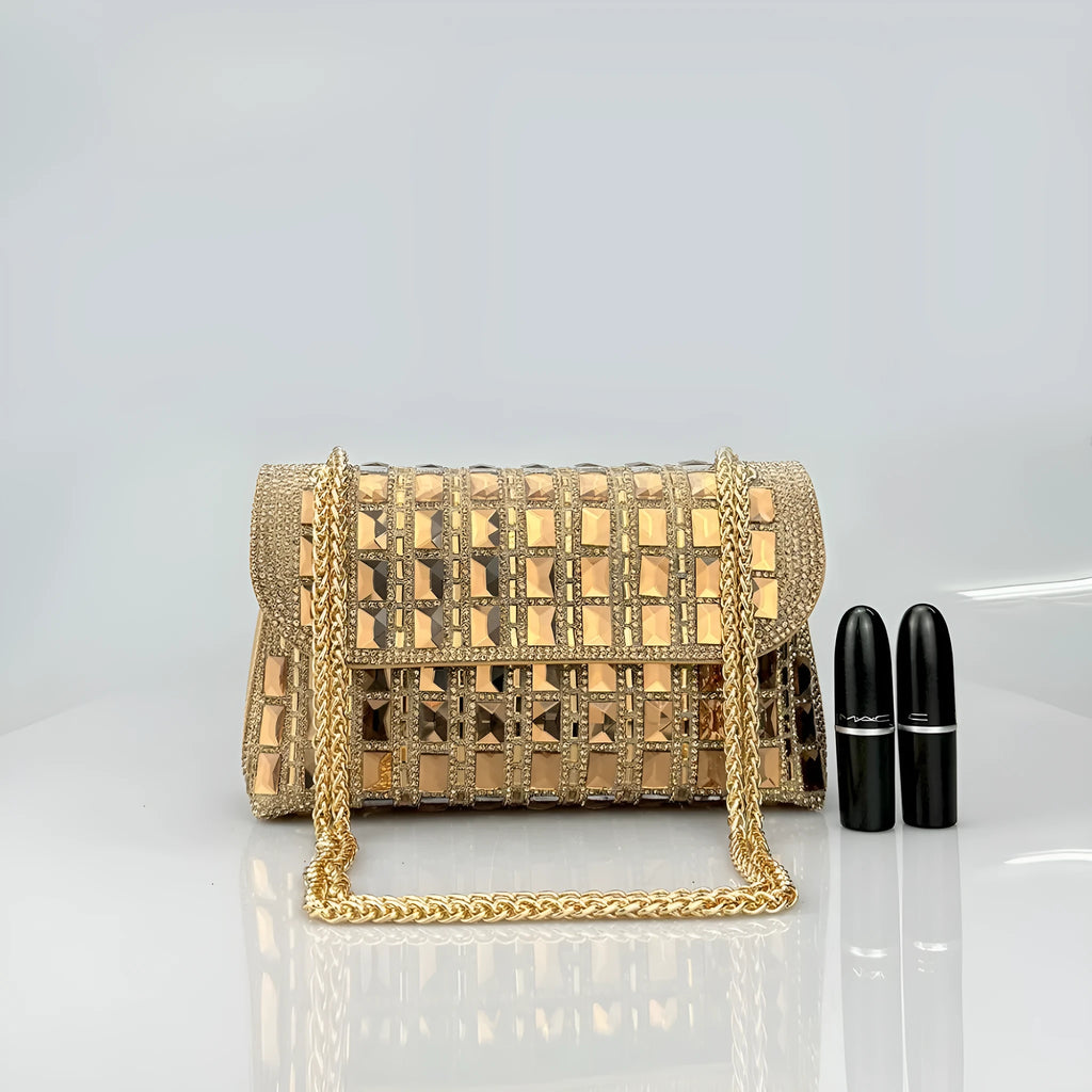 Glass rhinestone chain clutch handbag in horizontal square shape with retro styling and chain strap