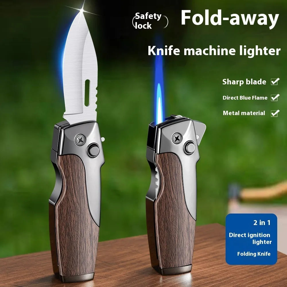 Zinc alloy metal folding lighter with integrated knife in camouflage finish