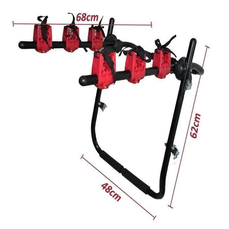 Black and red trunk mounted bike rack with iron frame and sponge padding, showing tie rope and pull belt fastening options.