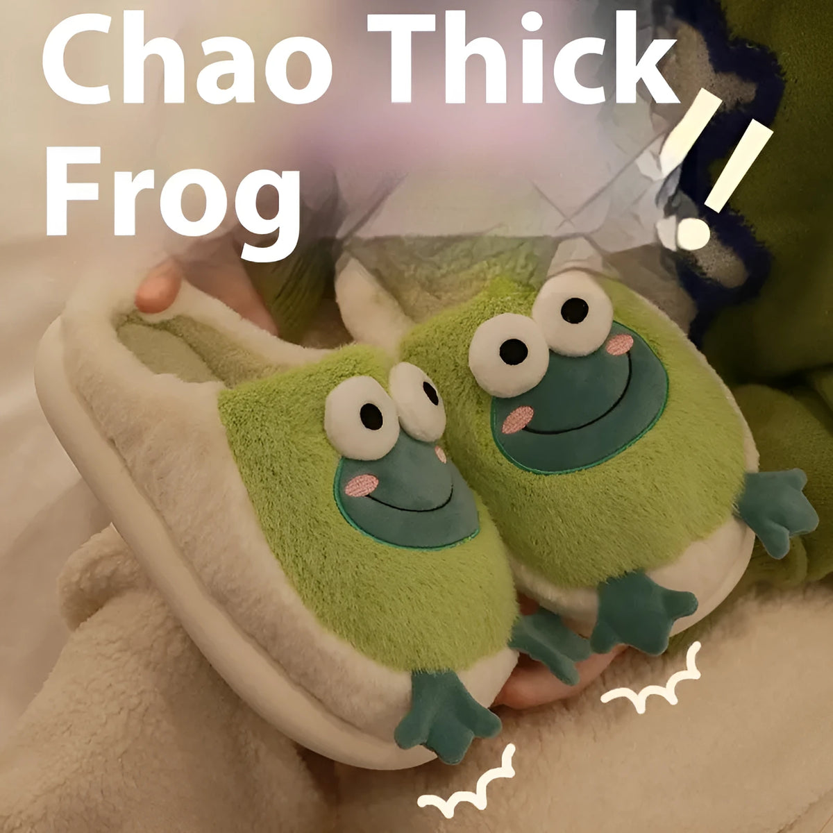 Green winter cotton slippers with coral fleece lining and cartoon frog pattern on a flat sole