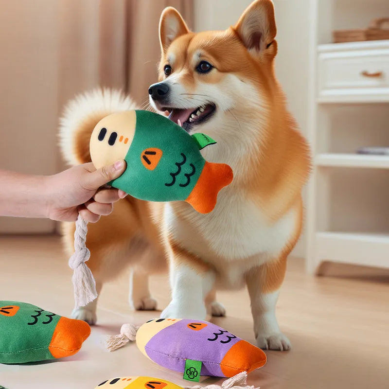 Plush Puffhead fish dog toy with squeaker, wear-resistant fabric, in green, purple, or yellow