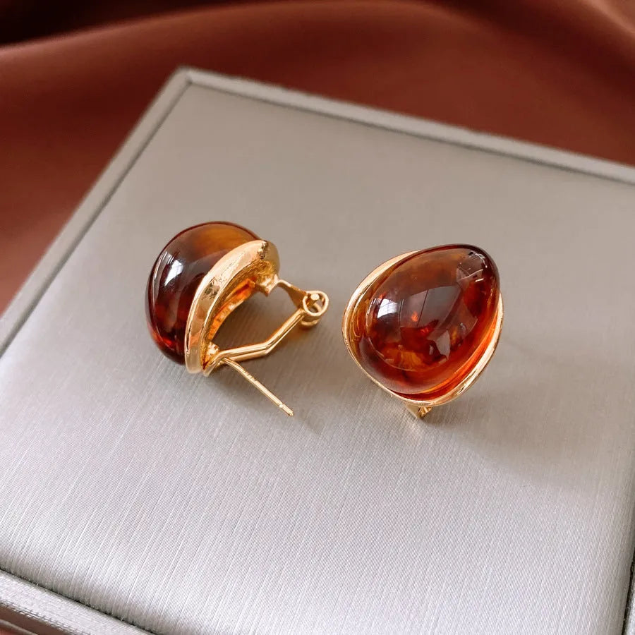 Amber water drop ear studs and ear clip in silver needle coffee colour with real gold plating
