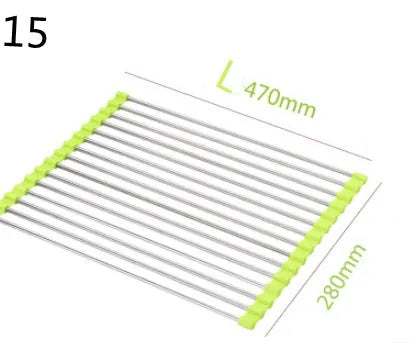Folding stainless steel kitchen sink drying rack in red colour, shown extended for use.