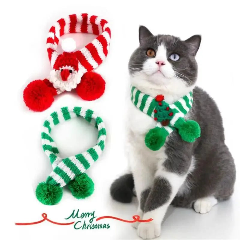 Green adjustable knitted scarf collar for a small dog on a white background