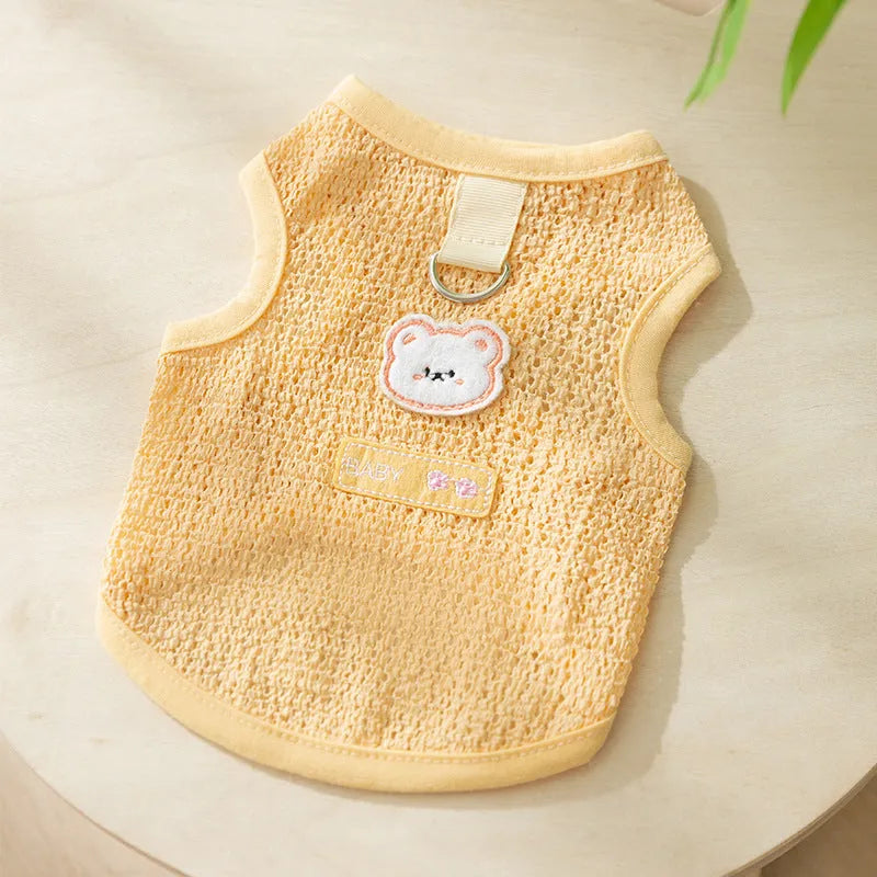 Cat wearing hollowed-out breathable clothes with bear patch in knitted fabric