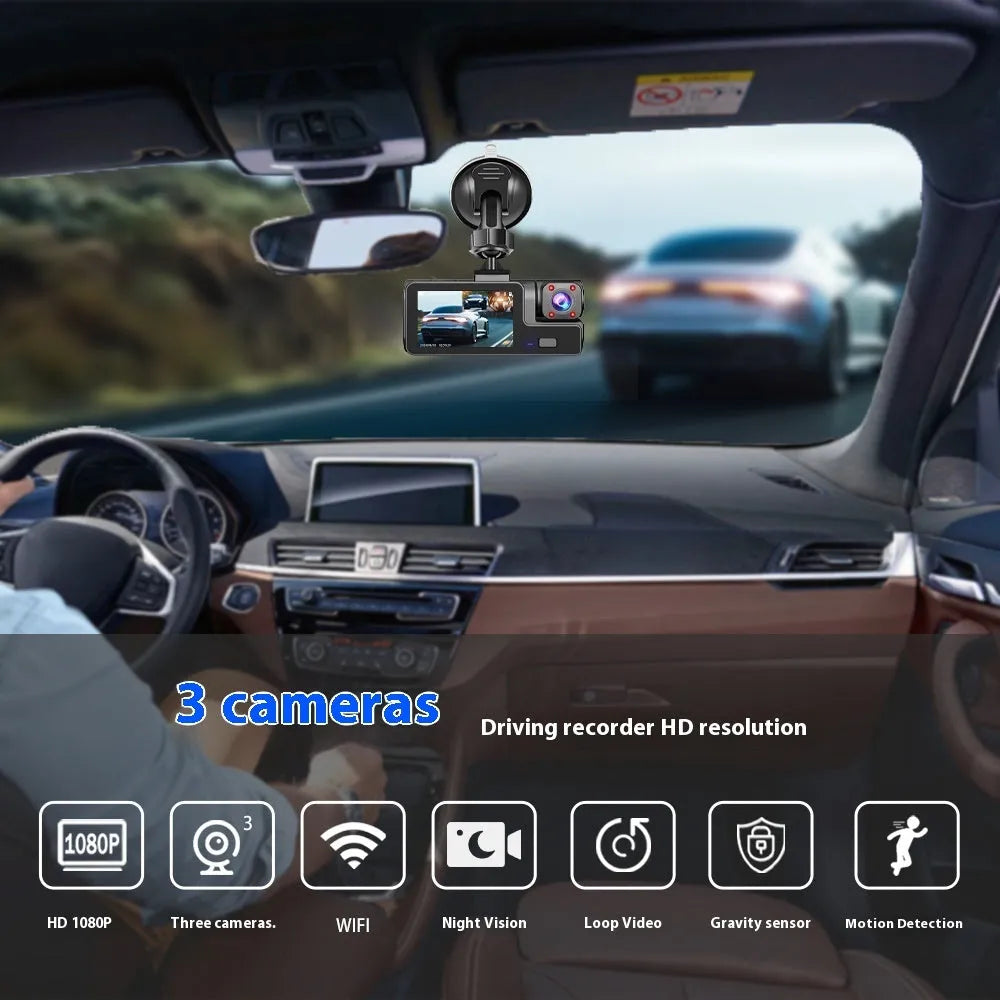 A compact black Wi-Fi dash cam with a 2.0-inch screen mounted on a car windscreen, showing a live road view.