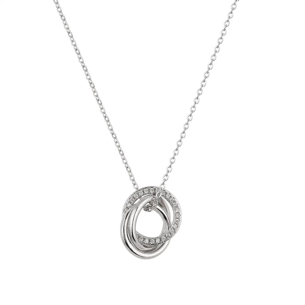 Geometric copper necklace with micro-inlaid interlocking three rings in champagne gold on woman