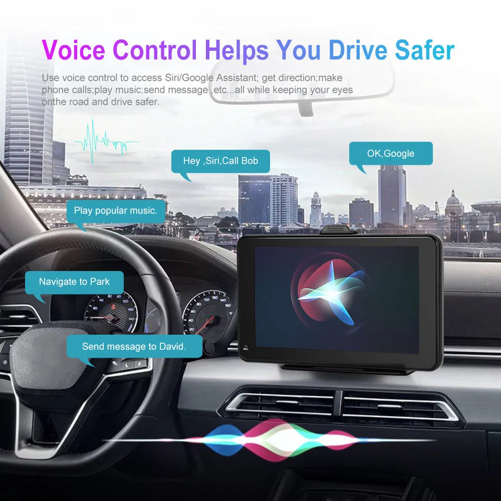 7 inch HD wired wireless media player screen with universal mounting brackets and cables on a dashboard