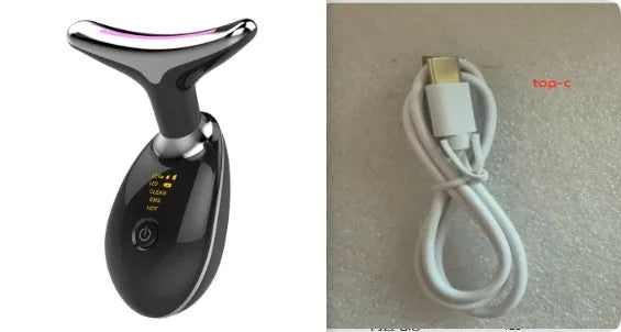 Black Silver EMS thermal neck lifting massager with LED lights on a white background.