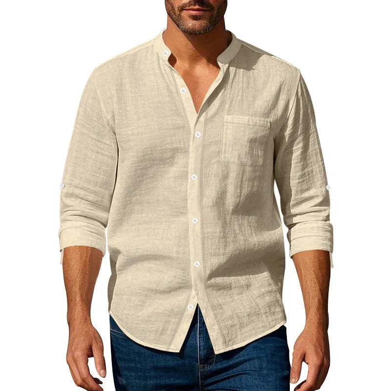 Men's linen long sleeve stand collar shirt with pockets, casual cardigan top in light blue, khaki, white, black or dark grey, sizes S to XXXL.