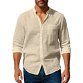 Men's linen long sleeve stand collar shirt with pockets, casual cardigan top in light blue, khaki, white, black or dark grey, sizes S to XXXL.