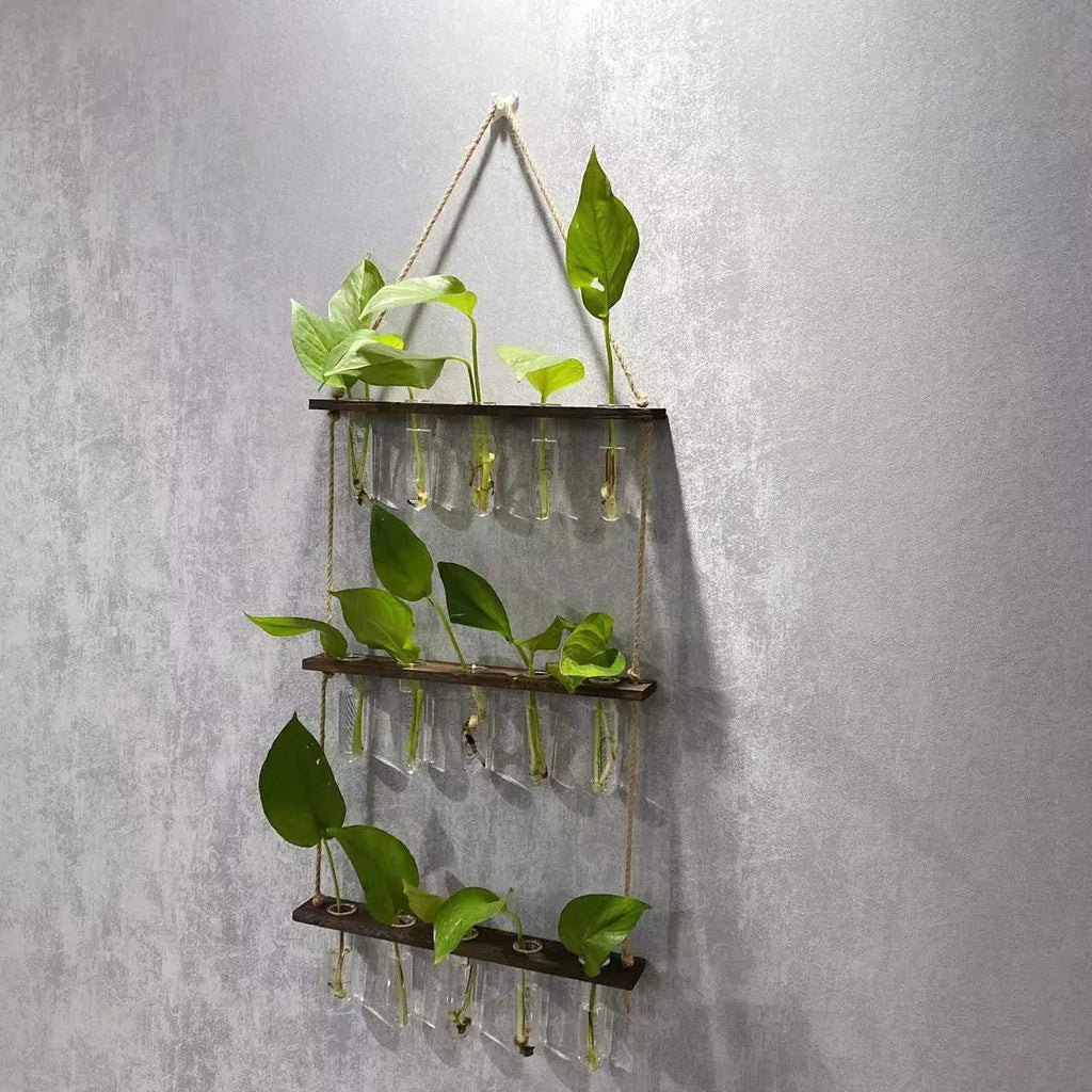 Three-layer 15-tube hydroponic wall hanging vase in retro colour with borosilicate glass and wooden frame