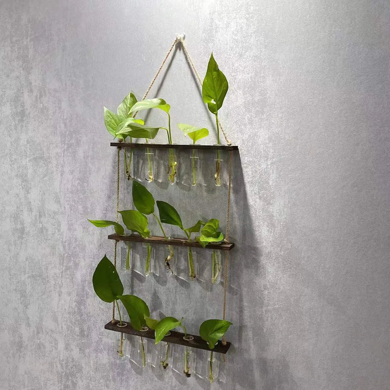 Three-layer 15-tube hydroponic wall hanging vase in retro colour with borosilicate glass and wooden frame