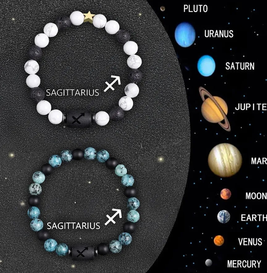 Set of twelve natural stone beaded bracelets for zodiac signs on elasticated string.