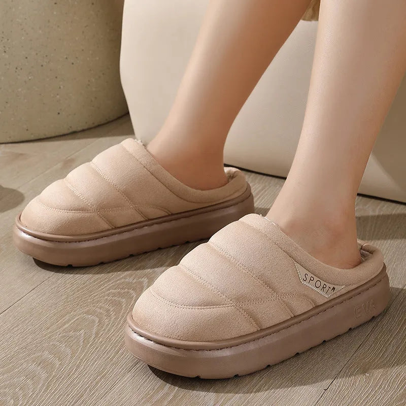 Plush indoor slippers with suede upper, EVA sole, and short plush lining in grey, khaki, coffee, or camel.