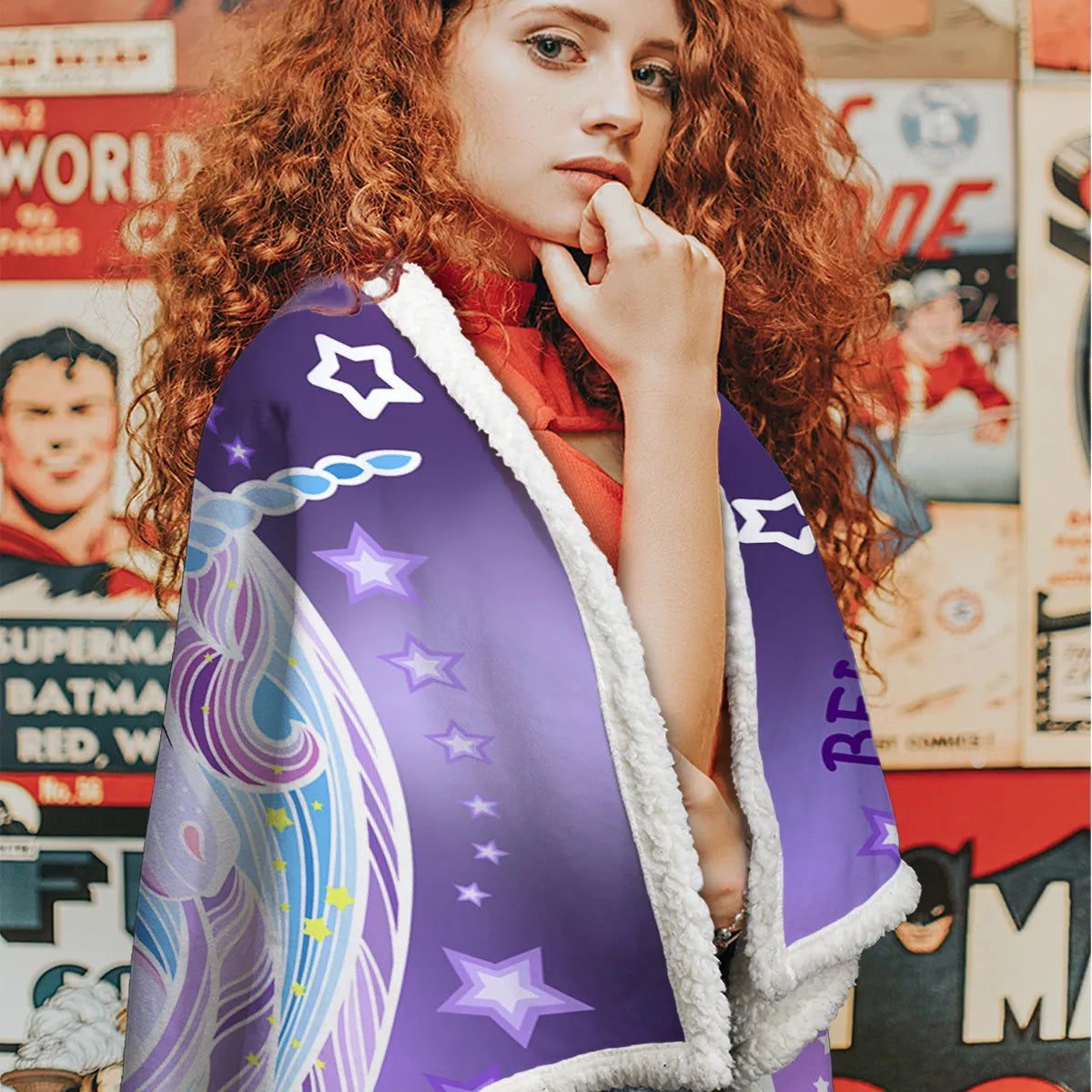 Purple unicorn themed sherpa fleece blanket with hemmed edges, available in 130x150cm and 150x200cm.