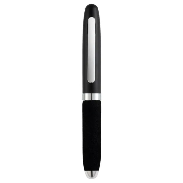 Compact silver metal ballpoint pen with black EVA-textured cap, shown with 1.0mm tip and assorted ink refills.