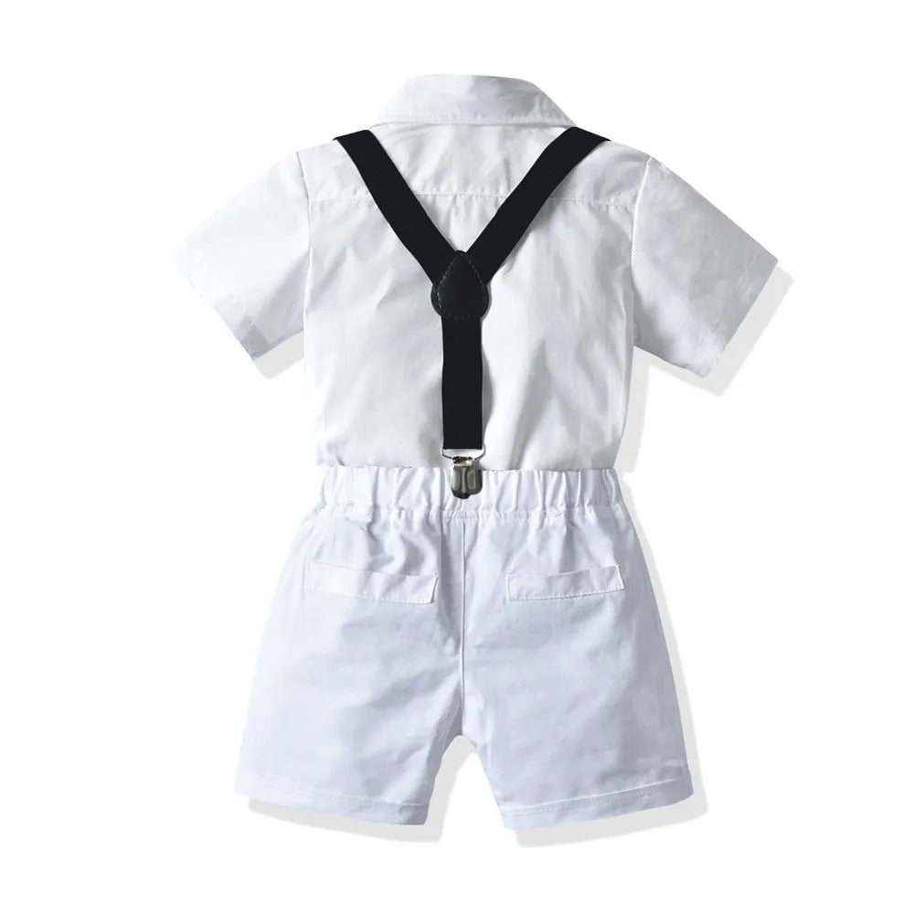 Boys' white short-sleeved shirt and suspender shorts matching set in cotton fabric
