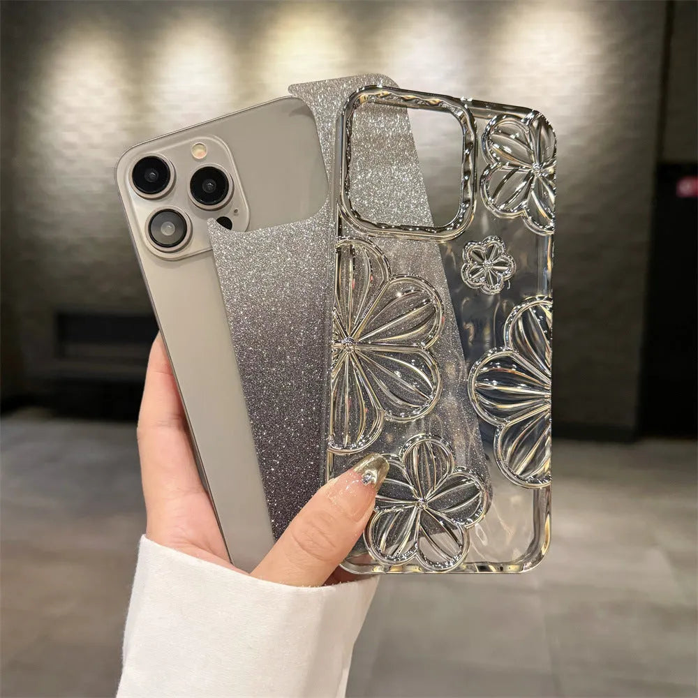 Electroplating glitter flower phone case soft TPU shell for Apple iPhone silver background