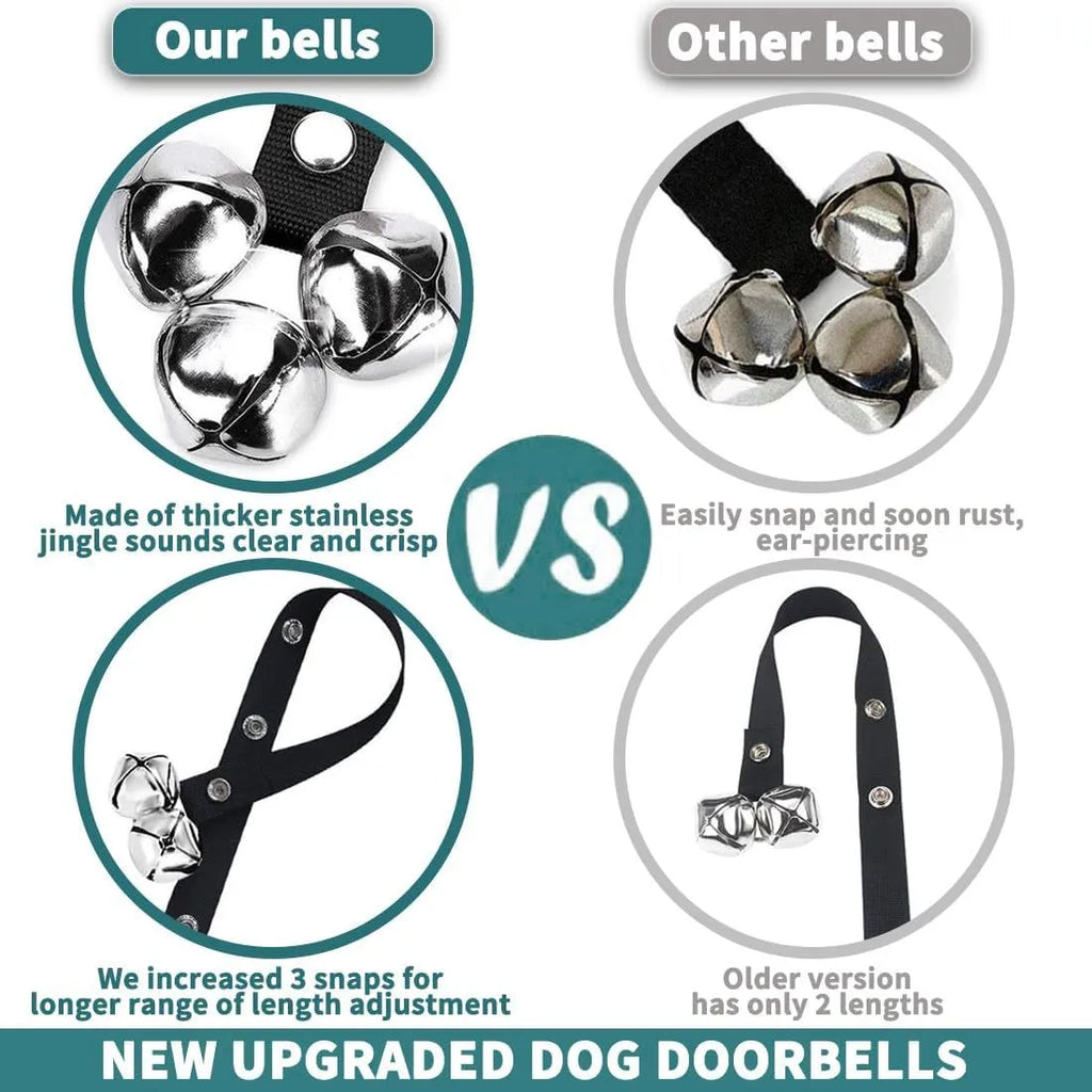 Dog training doorbell with seven silver metal bells on adjustable nylon strap