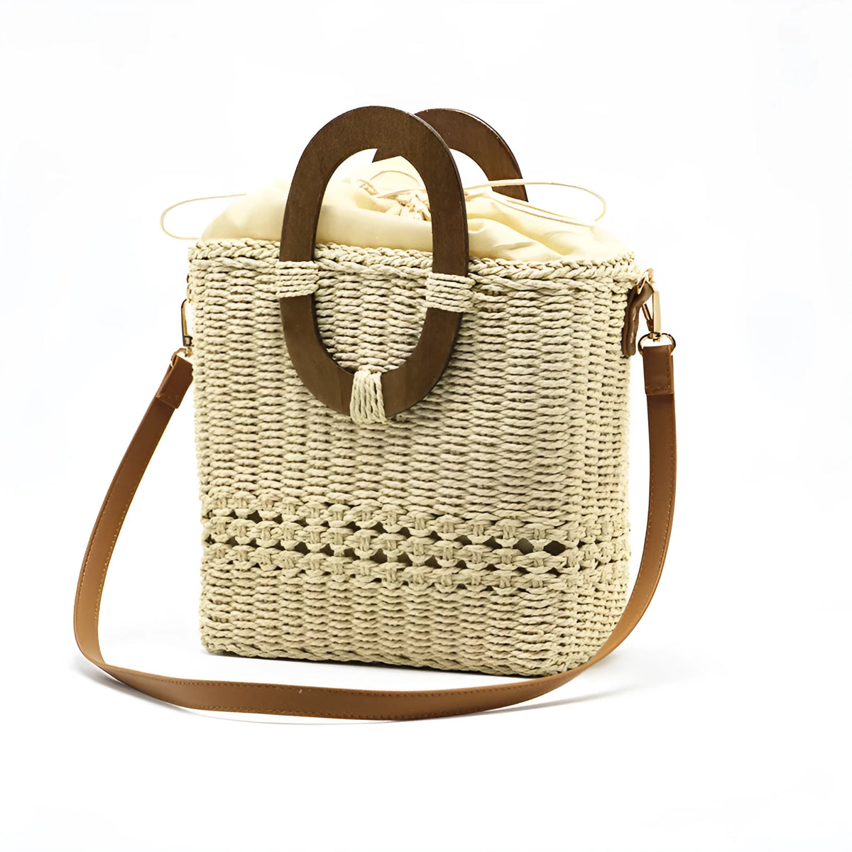 Women's woven straw handbag, square vertical, 26x11x23 cm, camel or milky white, single strap