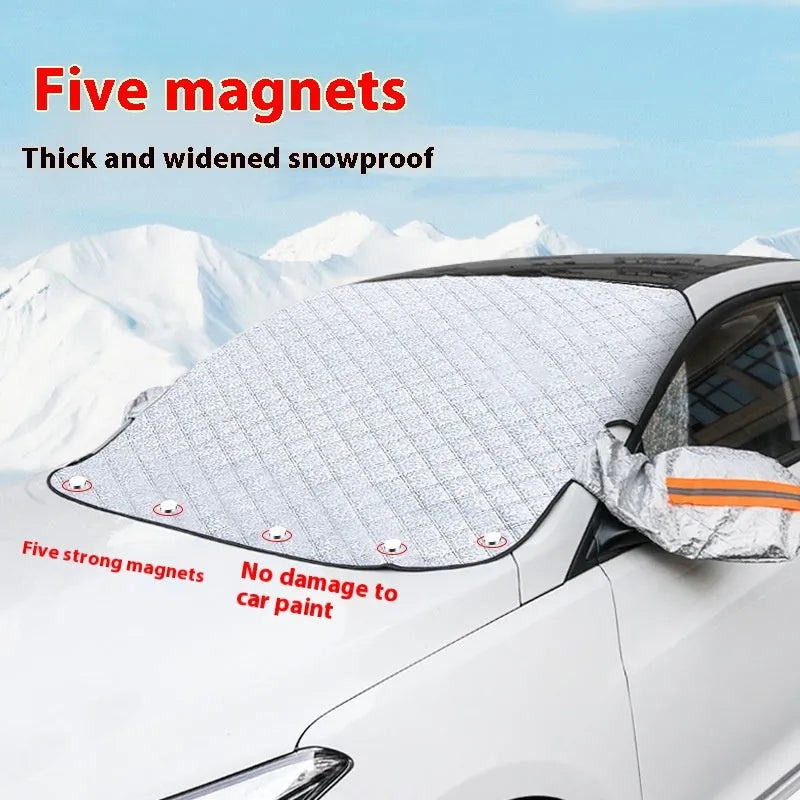 Aluminium foil car windshield cover with magnetic fasteners and reflective stripes for SUV winter protection