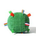 Blue and yellow pineapple lattice dog toy shaped as a rolling ring with a central ball, 17cm in diameter.